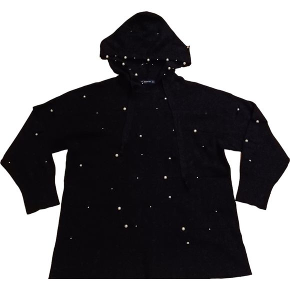 Zara Knit Black Pearl Accents Hooded Sweater Size S - Picture 1 of 9